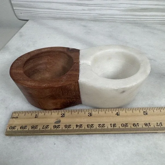 Anthropologie Open Salt and Pepper Bowl Acacia Wood and Marble - Picture 3 of 4